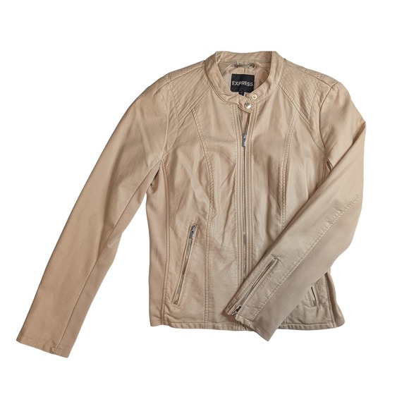 Express Jackets & Blazers - Express Womens Tan Faux Leather Moto Jacket Quilted Shoulder Beige Large 90170